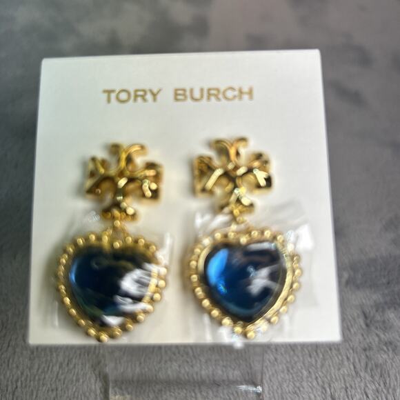 Tory Burch Roxanne Earrings Gold Logo & Classic Sapphire Blue Hearts wrapped - Picture 2 of 5